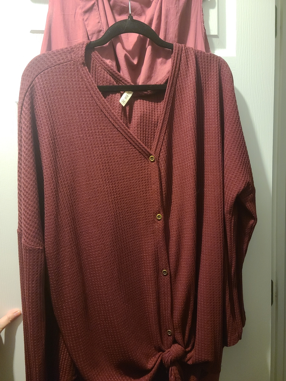 Button-Front Waffle Knit Top with Front Tie - Burgundy